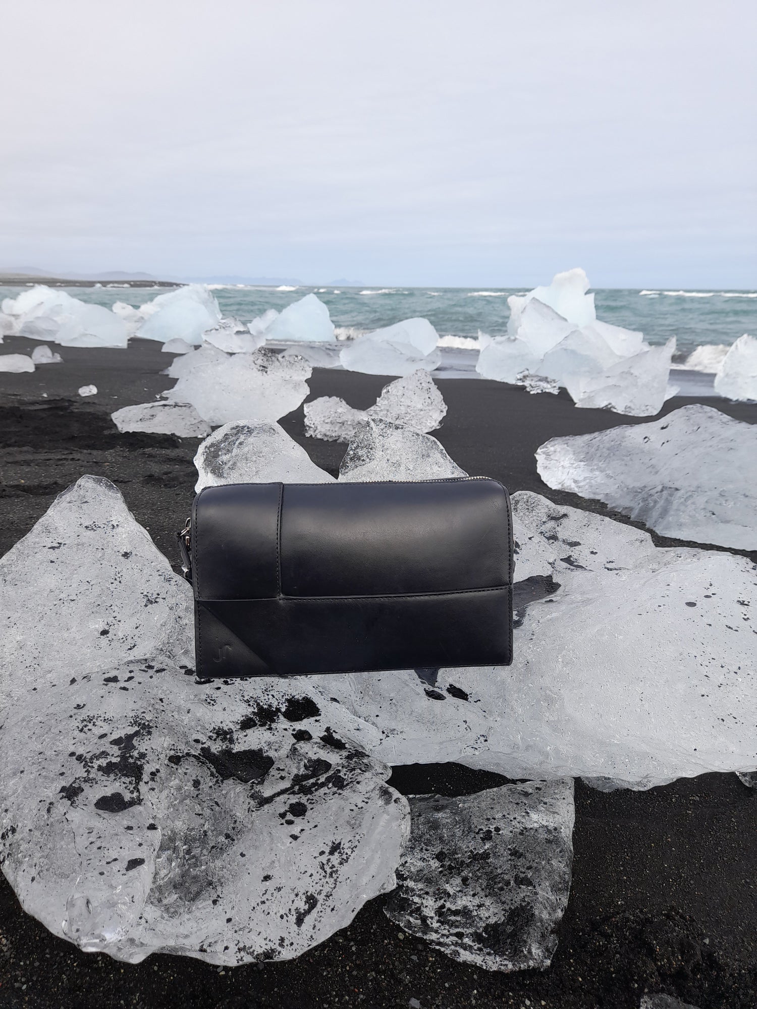 architectural elegance By Jessica Joyce black leather handbag diamond beach Iceland